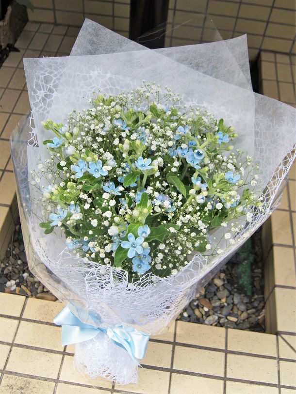 ブルースターとカスミソウの清楚な花束 Astina